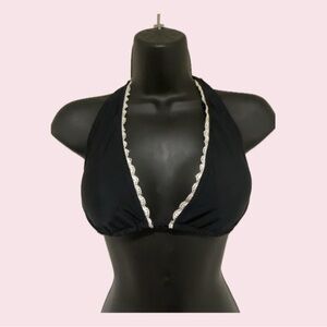 Black Halter Bikini Top with White Lace Trim